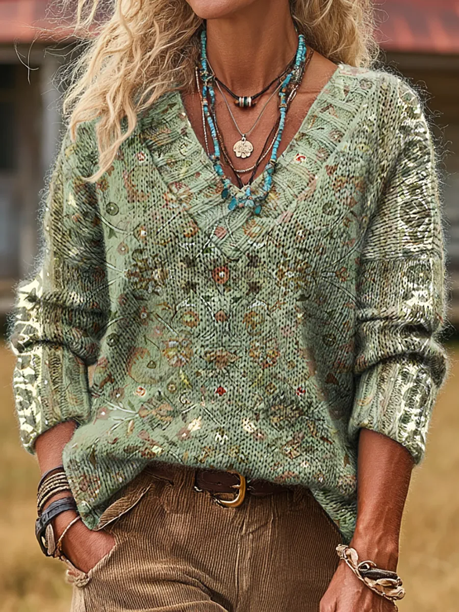 Unisex Retro Ethnic Art Print Casual Long-Sleeved V-Neck Sweater