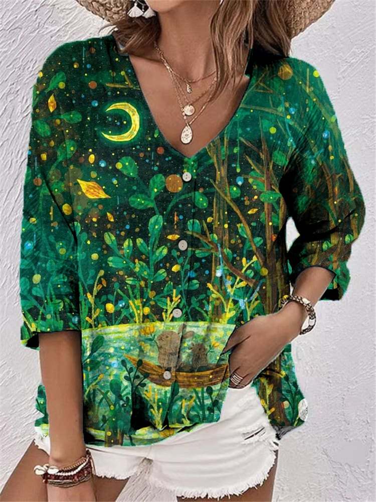 Women's Casual Retro Forest Animal Print Cotton And Linen Shirt