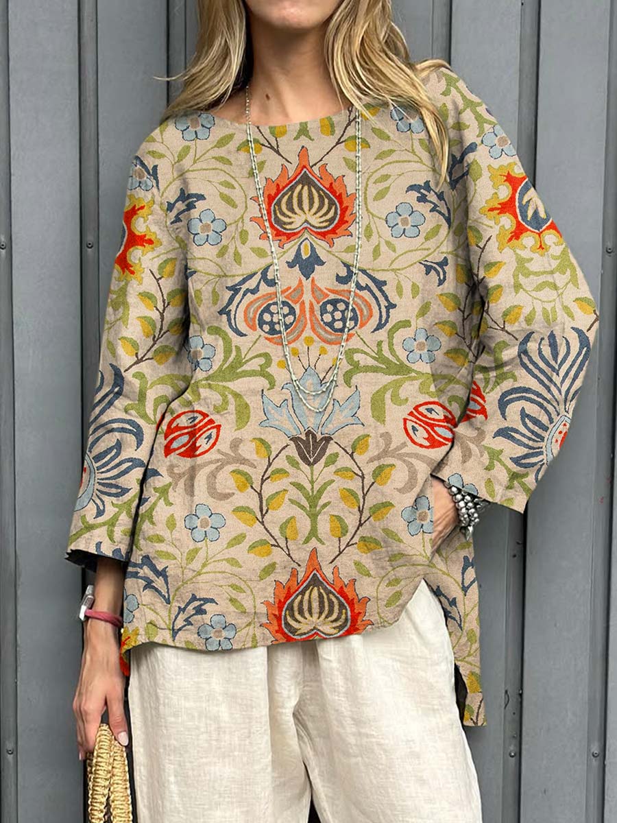 Women's Vintage Floral Art Print Casual Cotton Linen Shirt