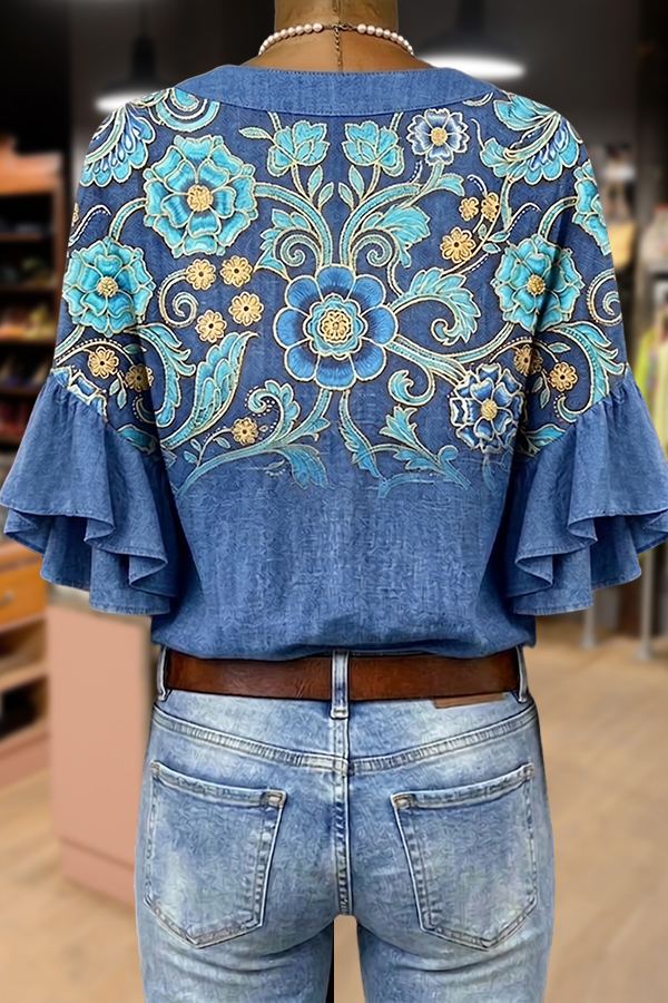 Vintage Floral Print Notch Neck Ruffle Sleeve Blouse