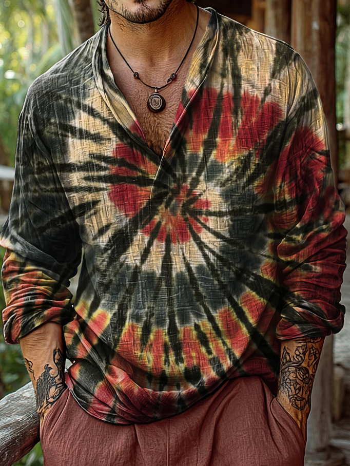 Mens Vintage Spiral Gradient Tie-dye Art Print Casual V-neck Linen Shirt