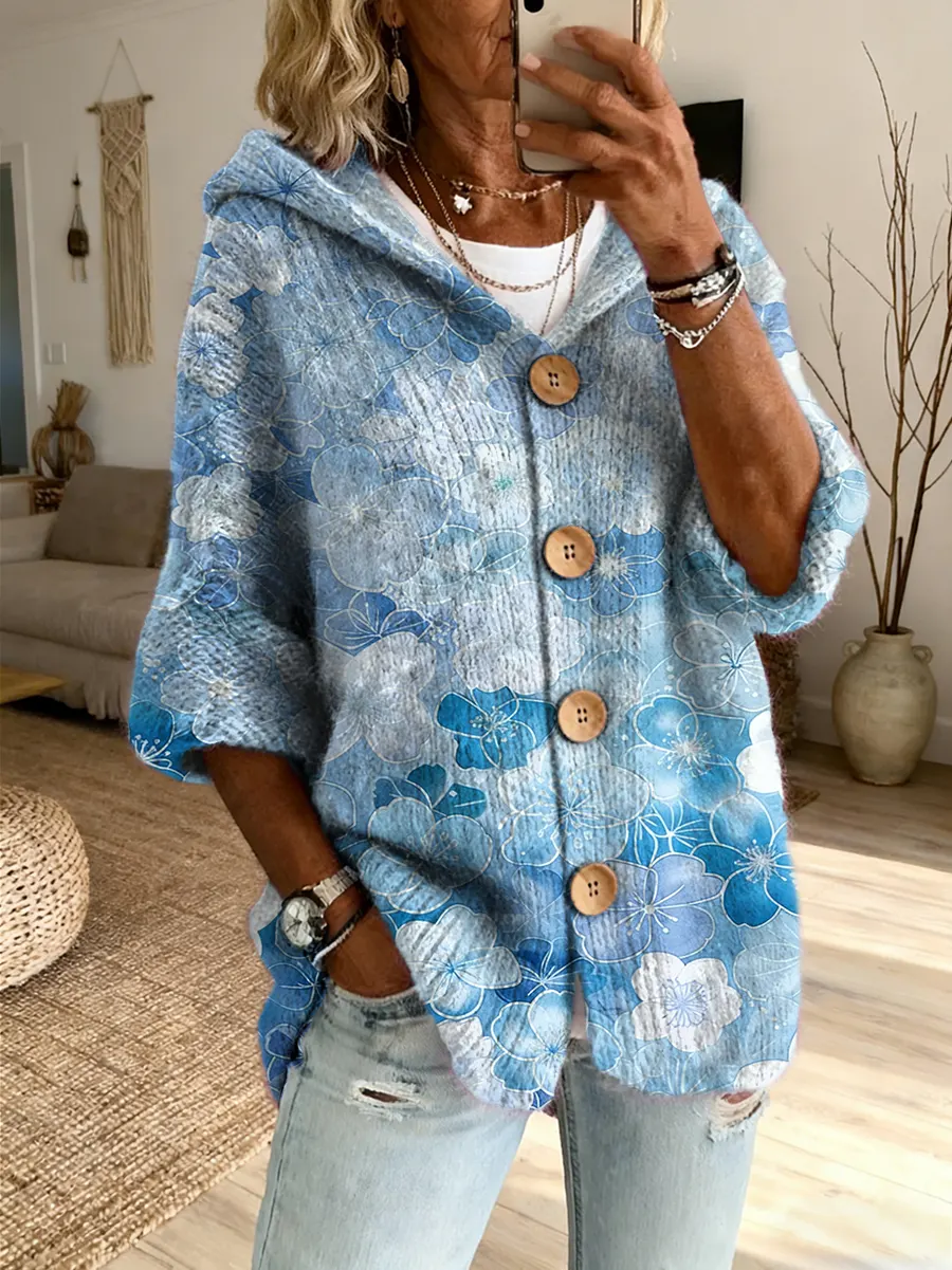 Ethnicity Colorful Flowers Women's Art Print Casual Hooded Cardigan Sweater