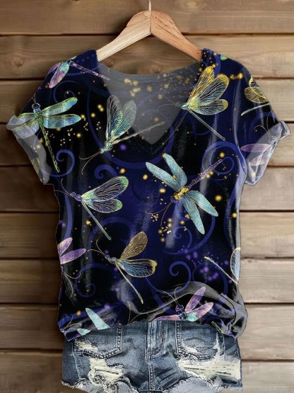 Women's Bohemian Style Dragonfly Art Print V-neck Casual T-Shirt