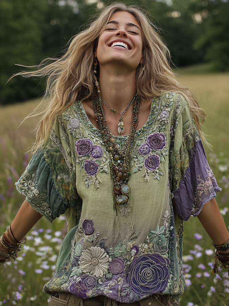 Classy Gradient Purple Lavender And Floral Embroidered Linen Short Sleeve T-shirt