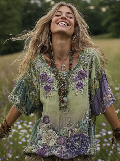 Classy Gradient Purple Lavender And Floral Embroidered Linen Short Sleeve T-shirt