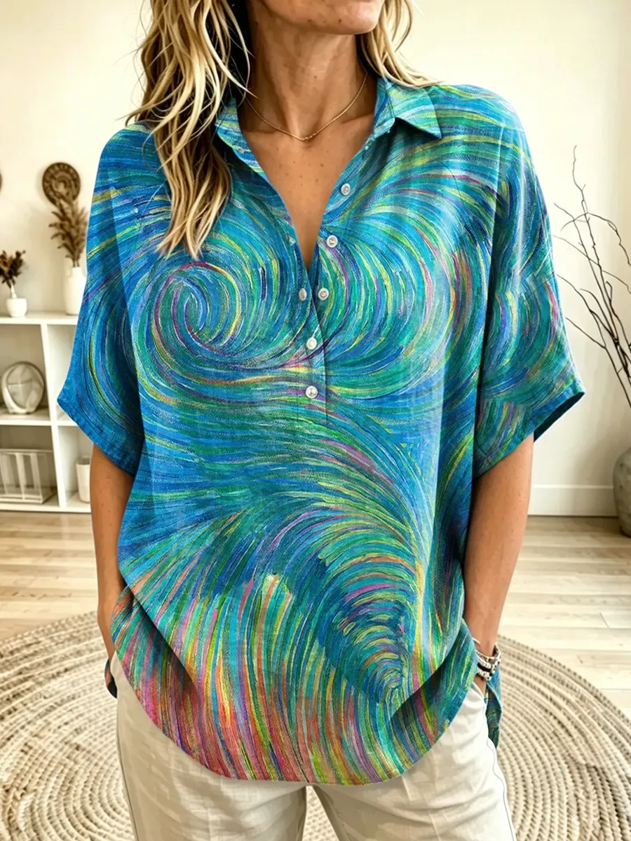 Women's Abstract Swirl Print Collared Dolman Sleeve Henley Blouse