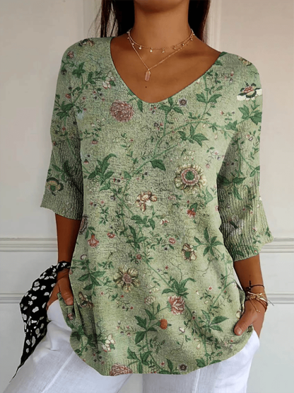 Women's Vintage Botanical Flower Art Print Casual Mid-Sleeve T-Shirt