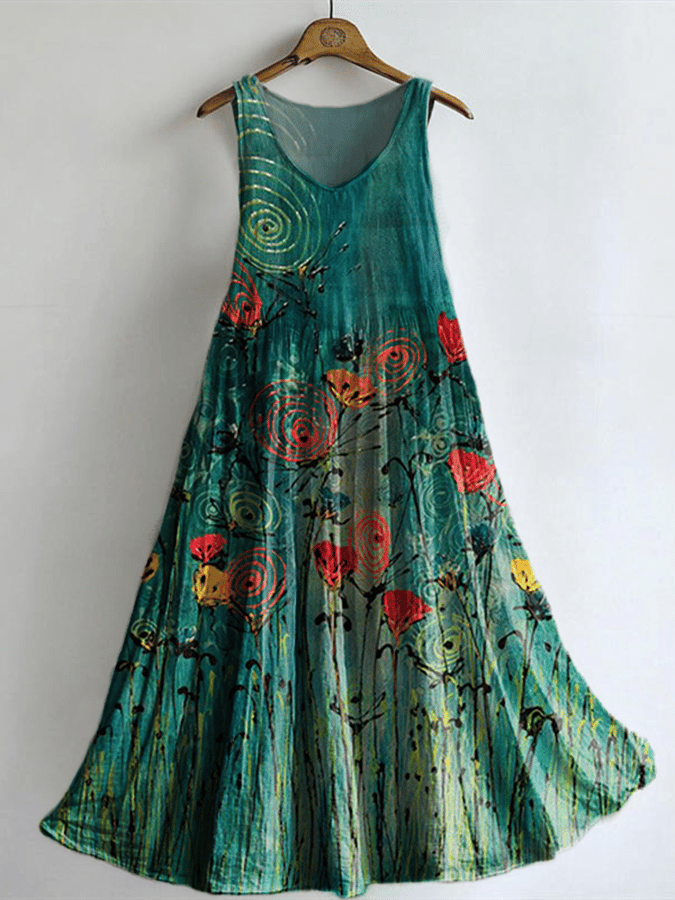 Women's Casual Cotton And Linen Printed Vest Dress