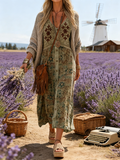 Vintage Ethnic Pattern Art Print Pocket Cotton Dress