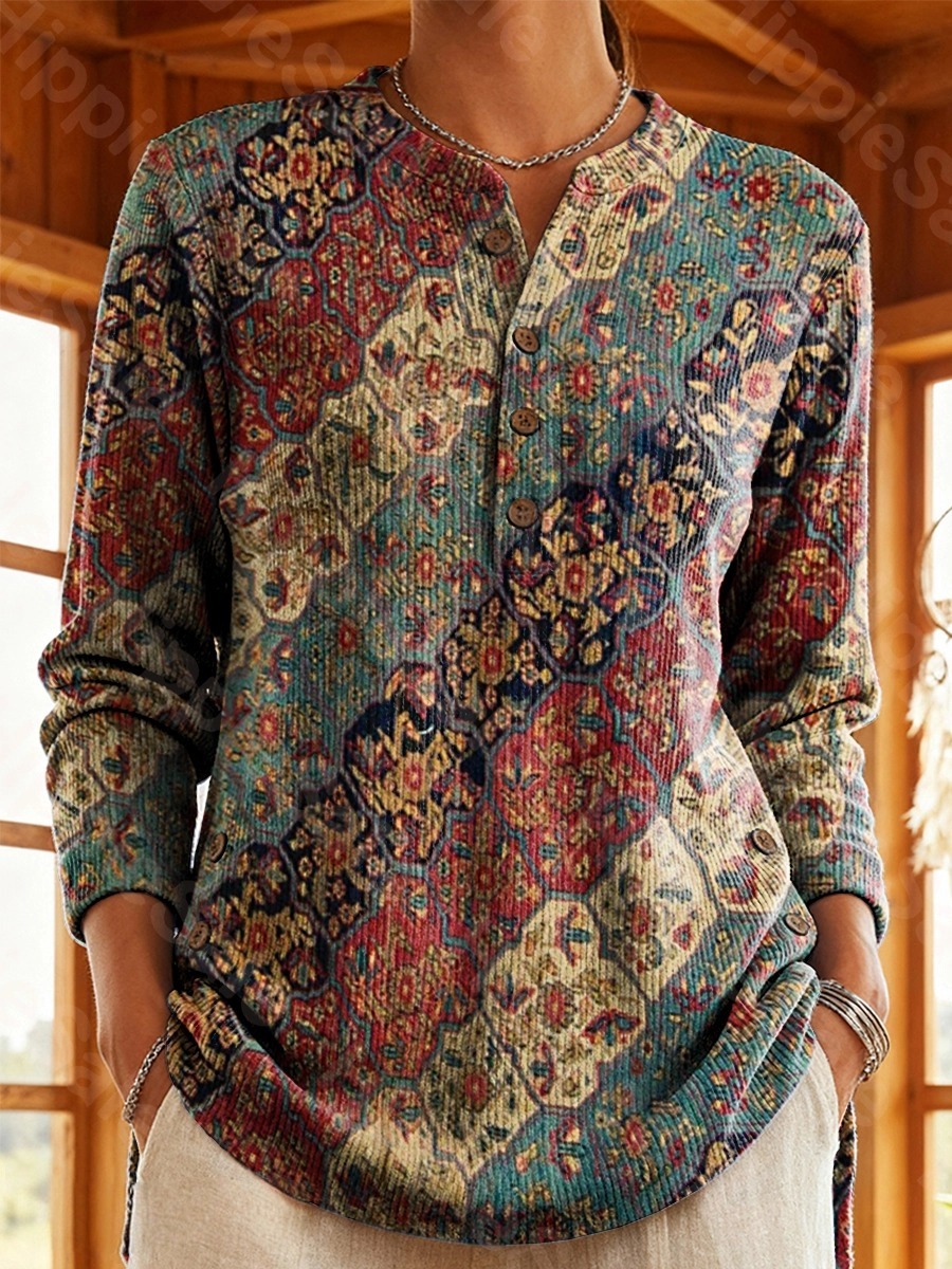 Women's Vintage Ethnic Floral & Diagonal Stripe Patchwork Print Casual