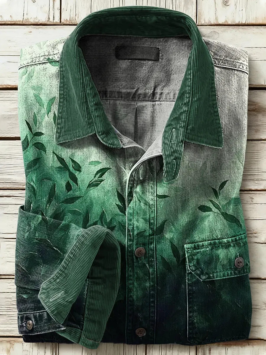 Retro Bamboo Leaves Print Denim Casual Long Sleeve Corduroy Patchwork 