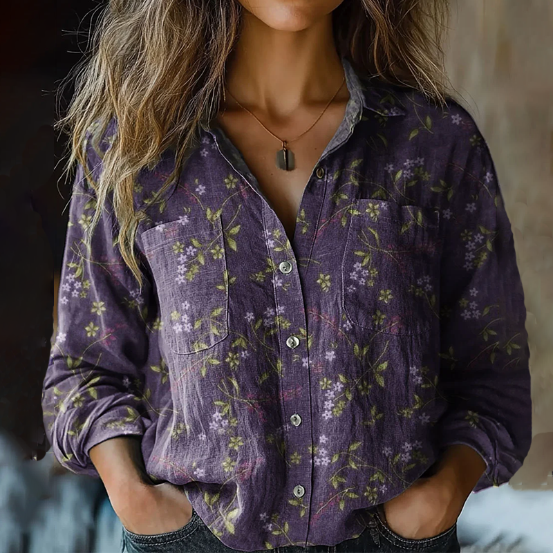 Bohemian Style Floral Linen Print  Long Sleeve Shirt