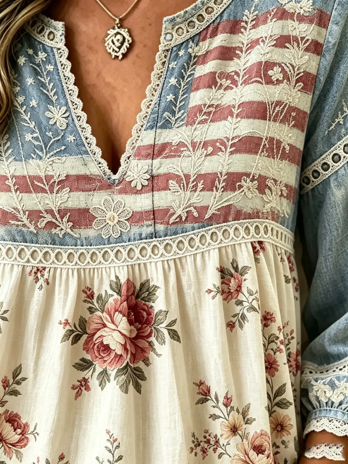 Women's American Flag Floral Print Lace Cotton Blouse
