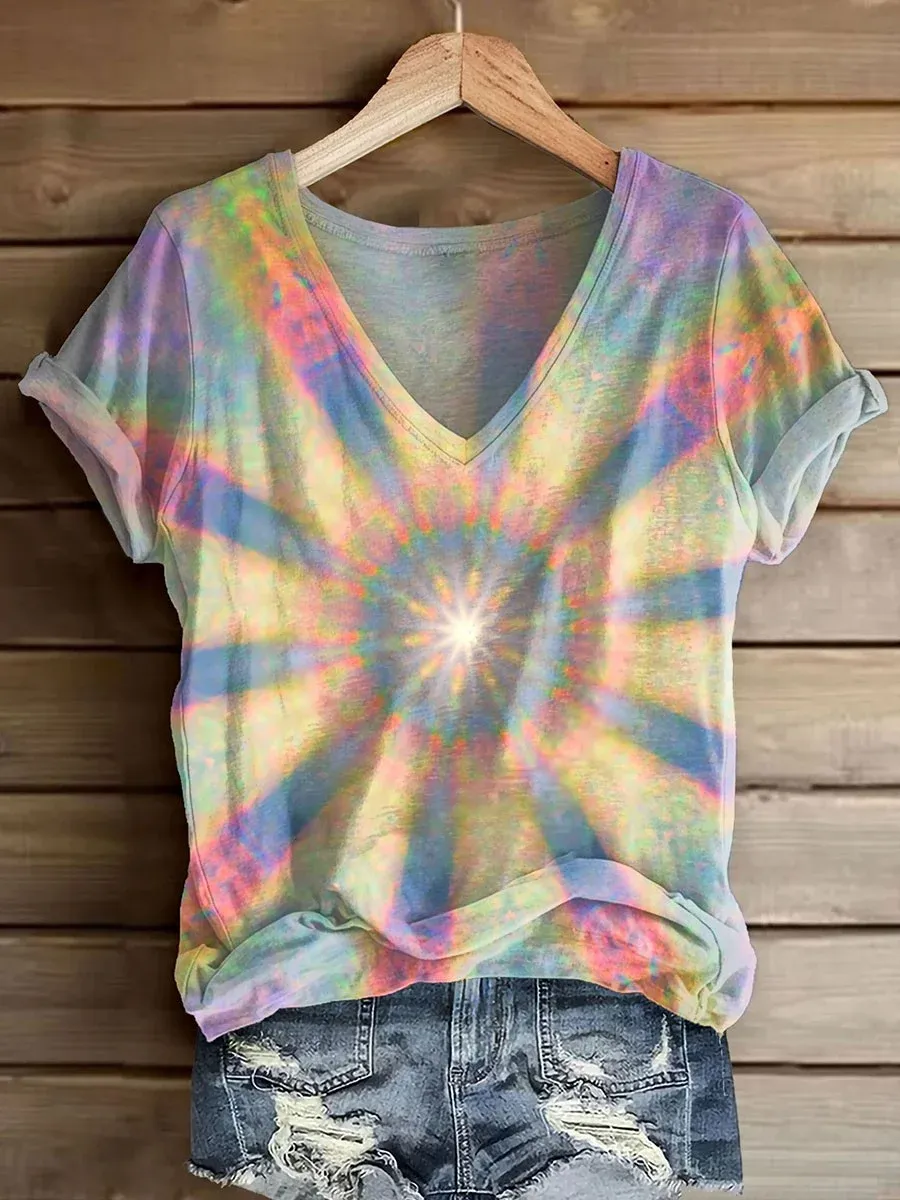Purple and blue Gradient Kaleidoscope Vintage Art Print Casual T-shirt For Men And Women