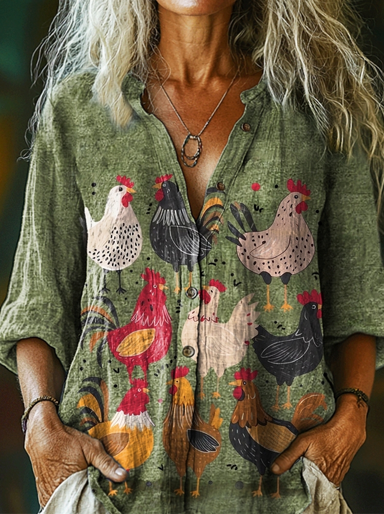Women's Retro Cute Chicken Art Print Casual Cotton Linen Shirt