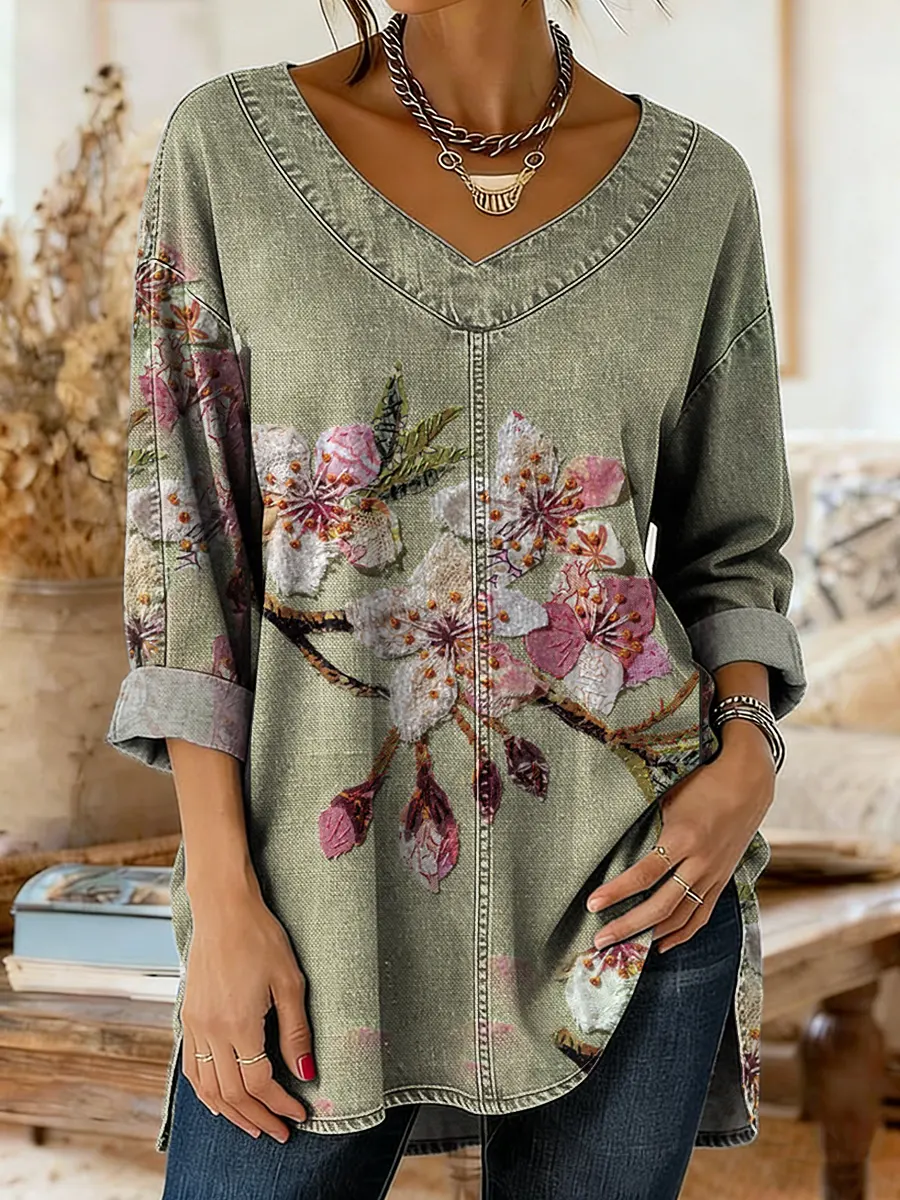 Women's Art-print Floral Pattern Washed Denim Cotton Top