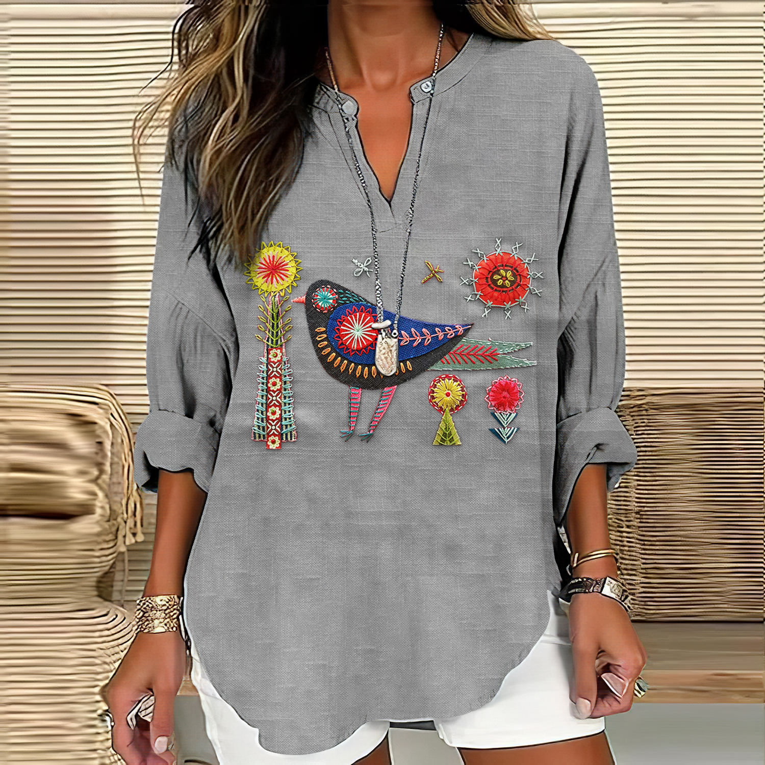 Women's Floral And Bird Embroidery Art Pattern Cotton And Linen V-neck Shirt