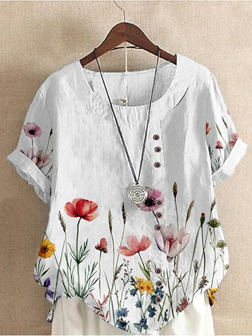 Women's Vintage Floral Casual Round Neck Cotton and Linen Shirt