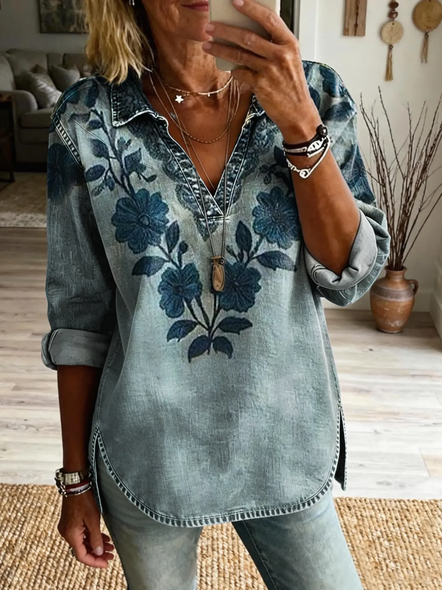 Women's Vintage-Textured Floral Art Print Casual Lapel Washed Cotton Denim Top
