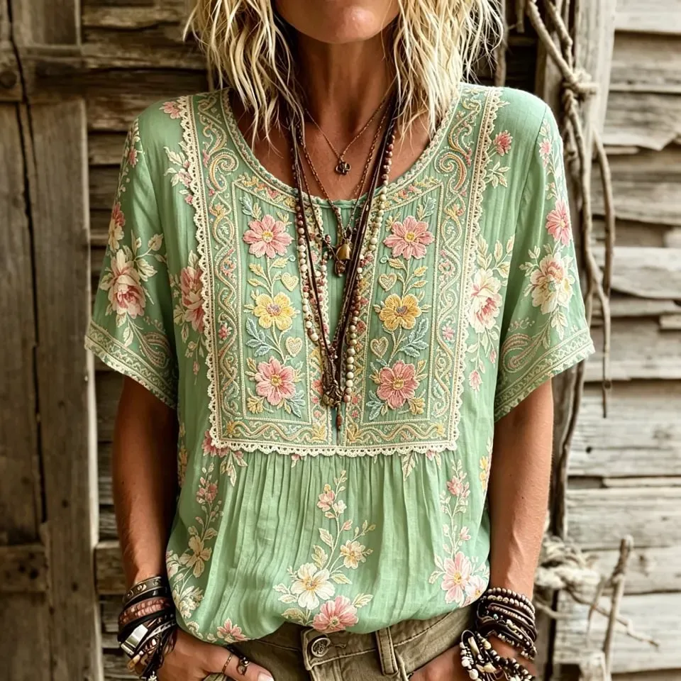 Women's Retro Floral Embroidered Art Round Neck Short Sleeve Linen Blend T-shirt