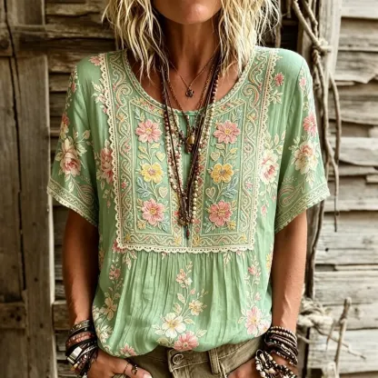 Women's Retro Floral Embroidered Art Round Neck Short Sleeve Linen Blend T-shirt