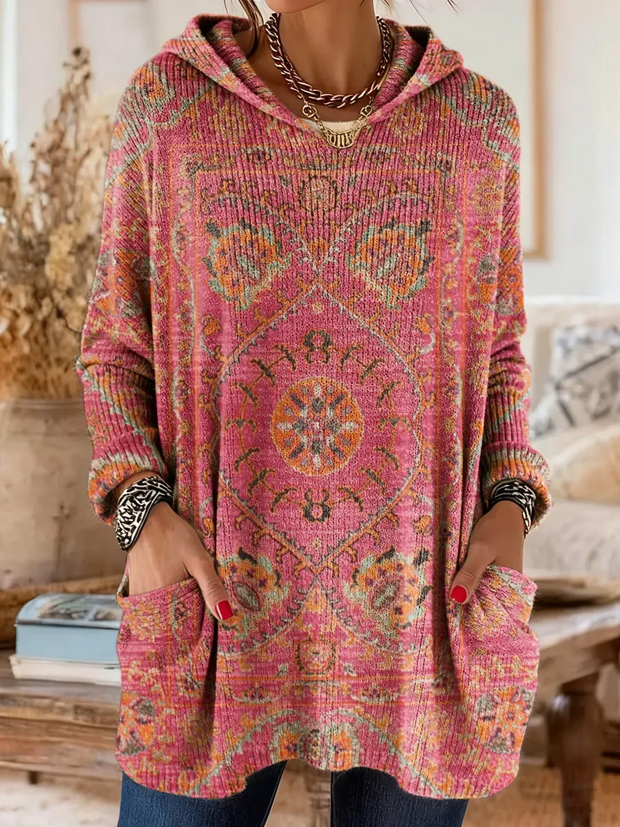 Women's Ethnic Totem Art Print Casual Knitted Pocket Hooded Tunic Top