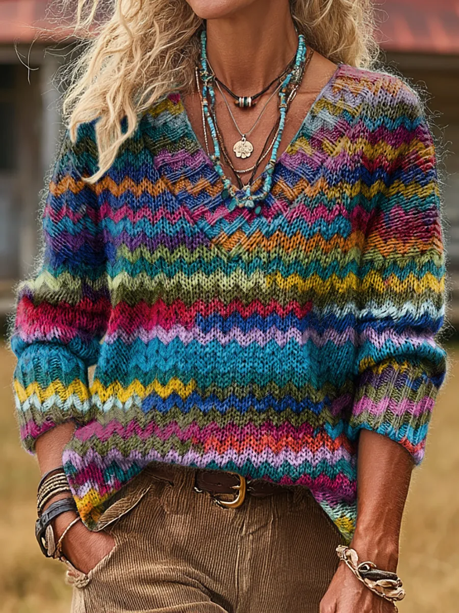 Unisex Colorful Striped Artistic Print Casual Long-sleeved V-neck Wool