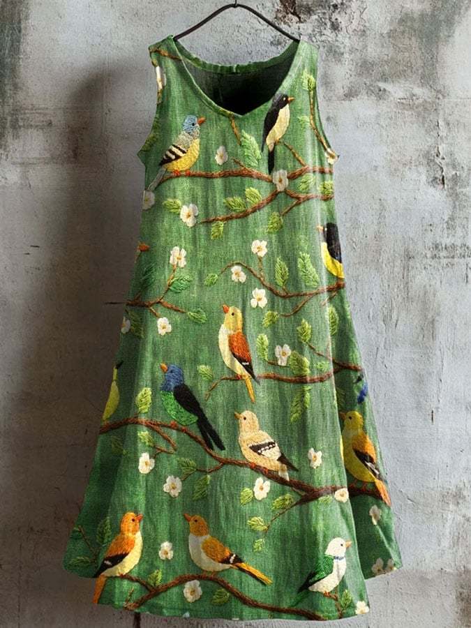 Women's Casual Forest Plant Cotton And Linen Dress