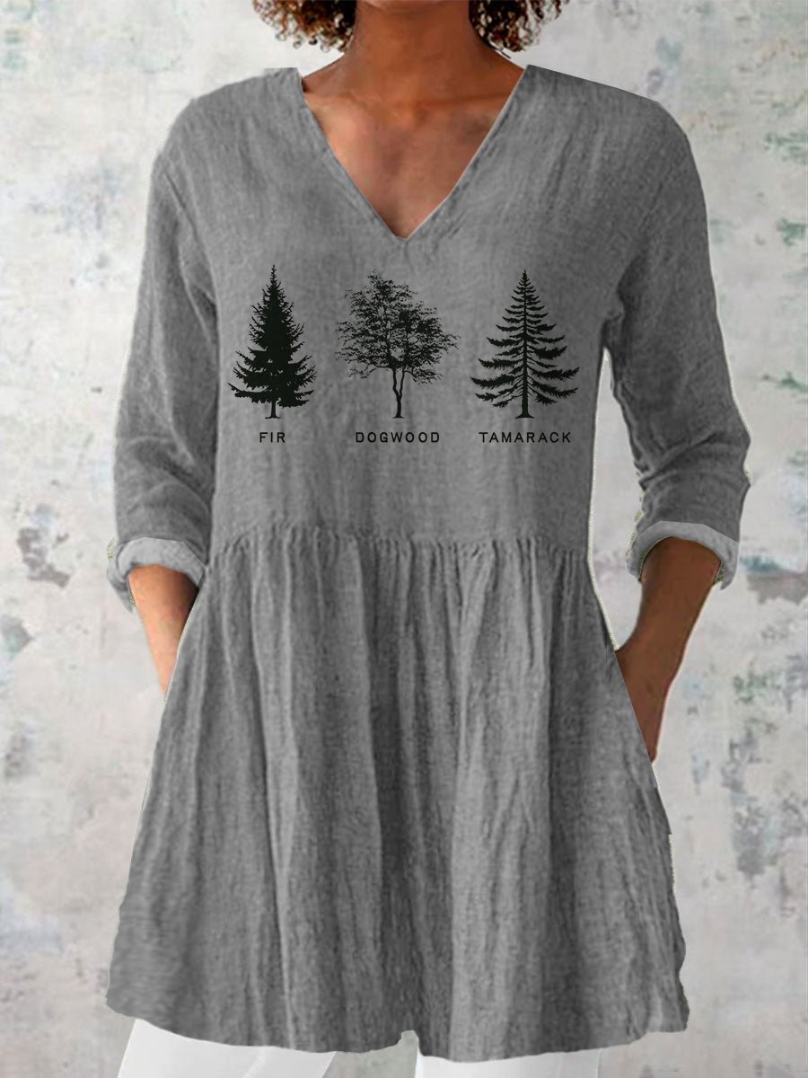Women's Casual Tree Fdt Printed Cotton And Linen Top