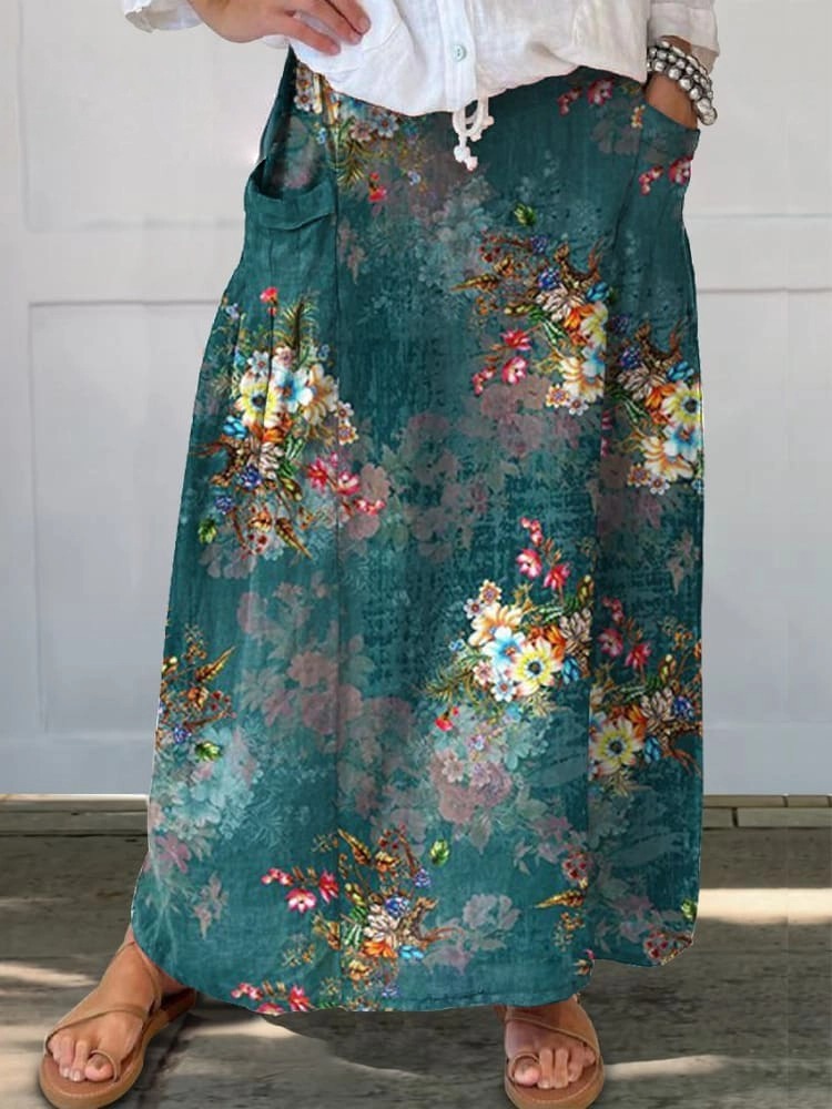 Women's Floral Print Linen Pocket Skirt
