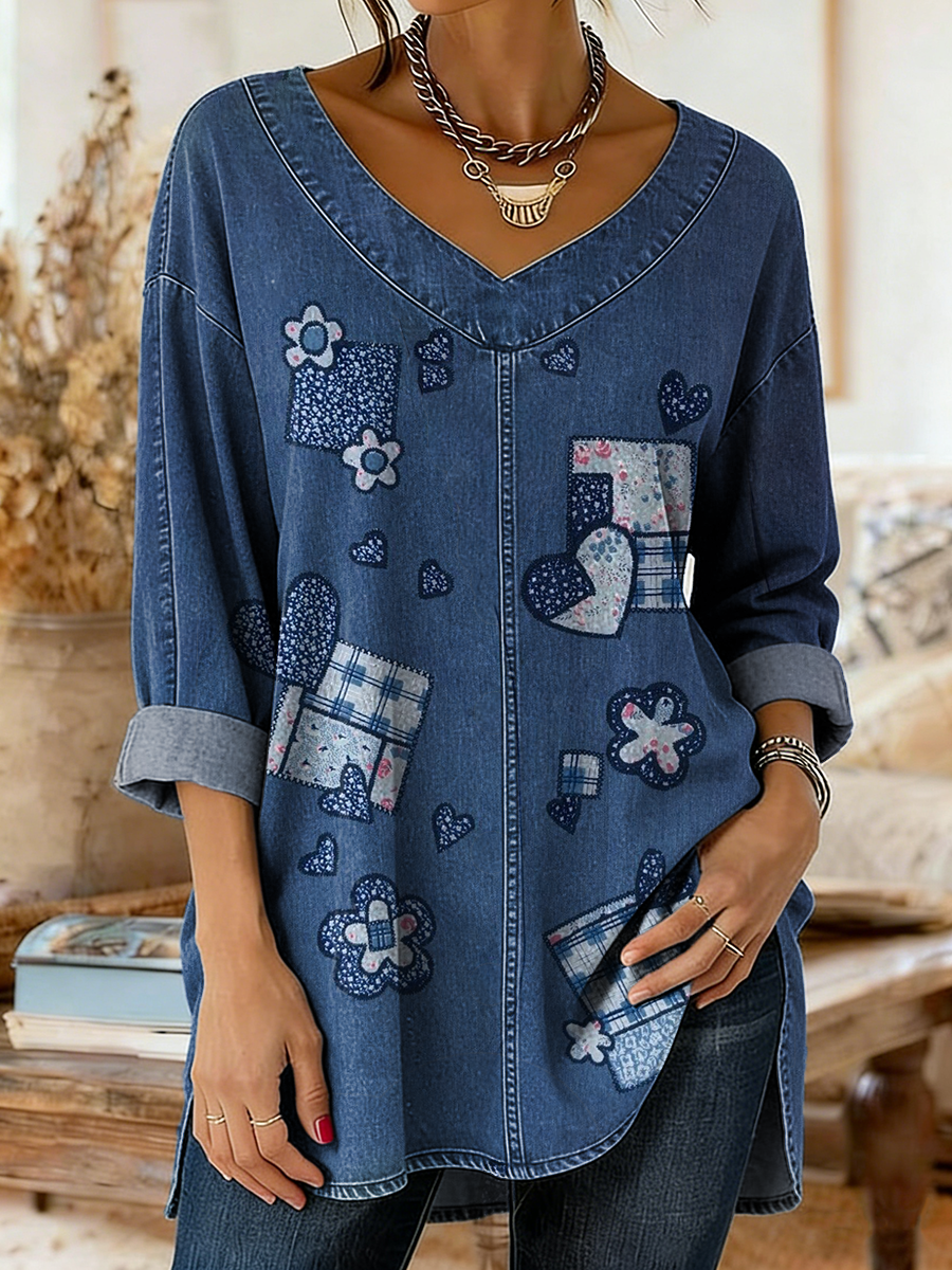 Women's Retro Heart Art Print Casual V-Neck Denim Top