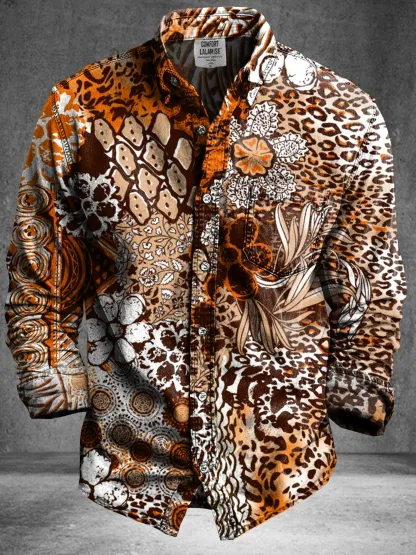 Vintage Abstract Ethnic Floral Totem Art Print 100% Cotton Long Sleeve Shirt
