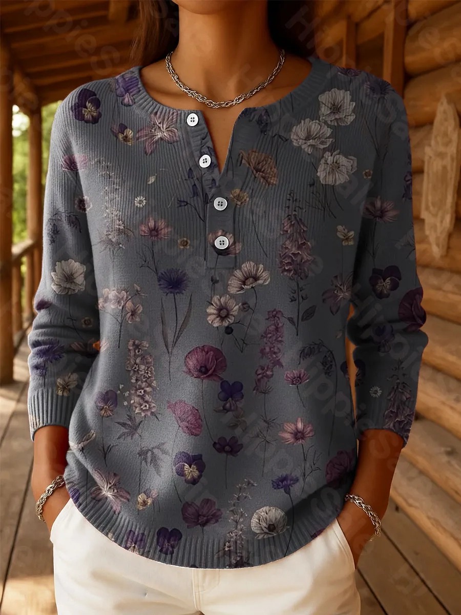 Women's Vintage National Flower Purple Art Print Buttoned Cardigan Sweater