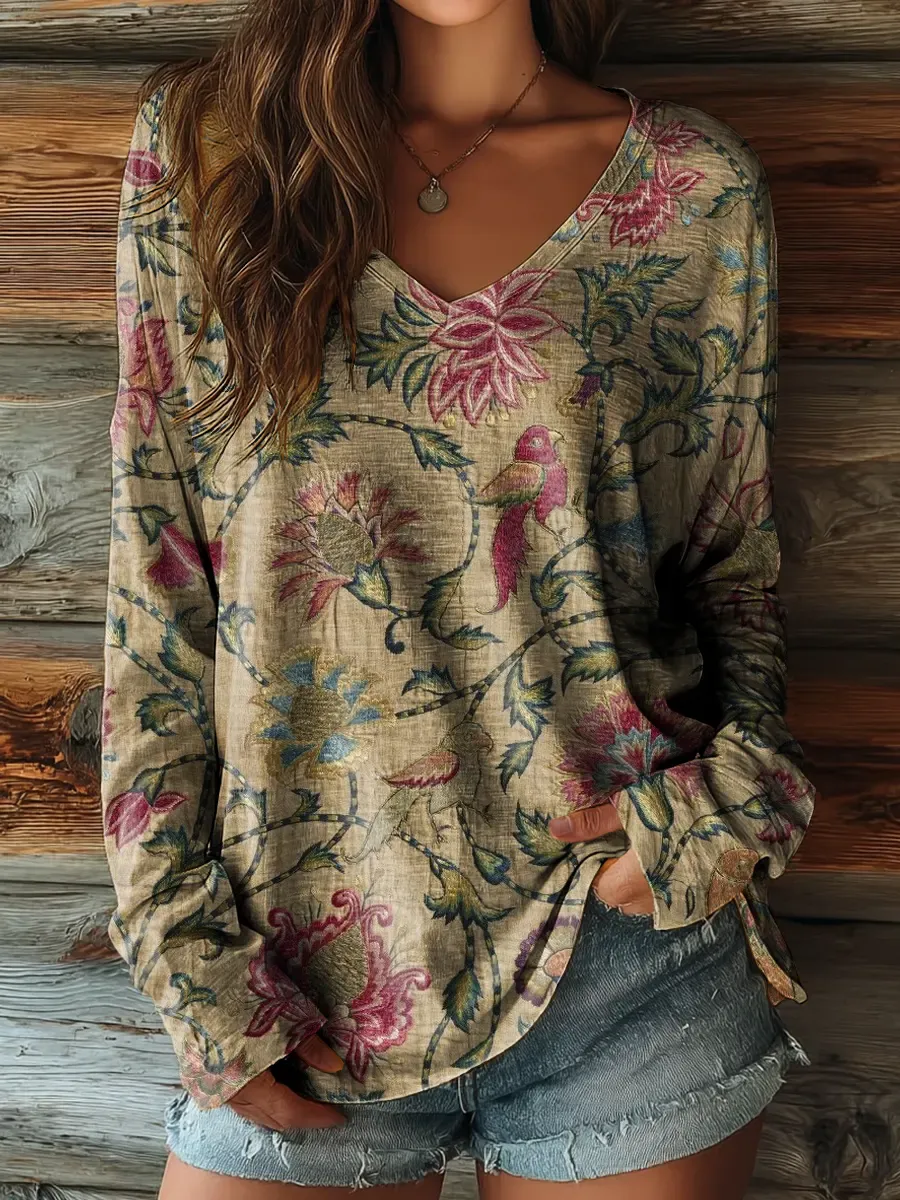 Women's Vintage Floral Art Print Casual V-neck Long-sleeve T-shirt
