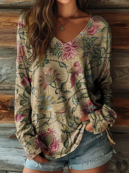 Women's Vintage Floral Art Print Casual V-neck Long-sleeve T-shirt