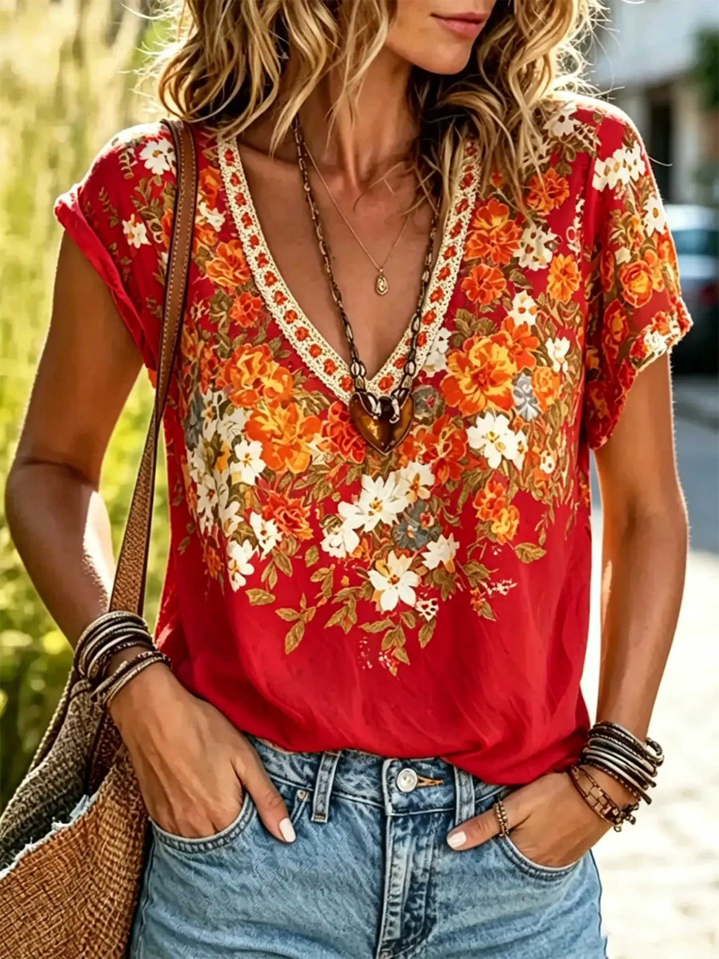 Women's Vintage Floral Print Cotton V-Neck Short Sleeve Top