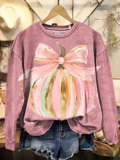 Women's Retro Pumpkin Bow Print Casual Crew Neck Sweatshirt