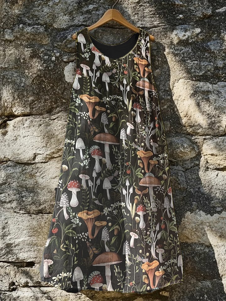 Women's vintage plant-floral linen-blend vest dress