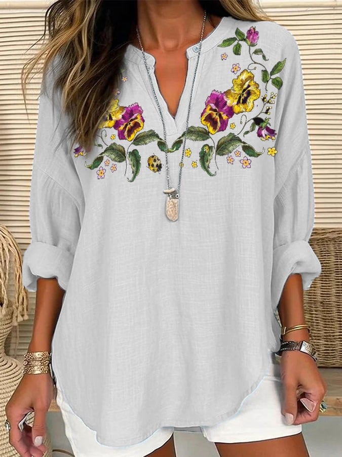 Women's Purple Floral Pansy Dementia Alzheimer's Disease Awareness Cotton and Linen Shirt