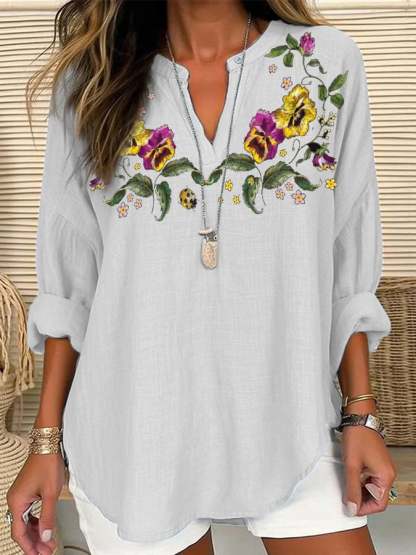 Women's Purple Floral Pansy Dementia Alzheimer's Disease Awareness Cotton and Linen Shirt