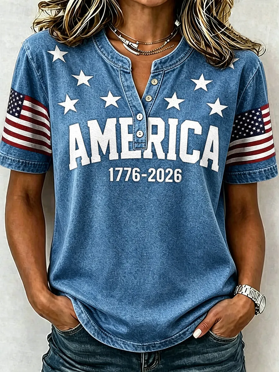 Women's 1776 Independence Day Flag Print Casual T-shirt