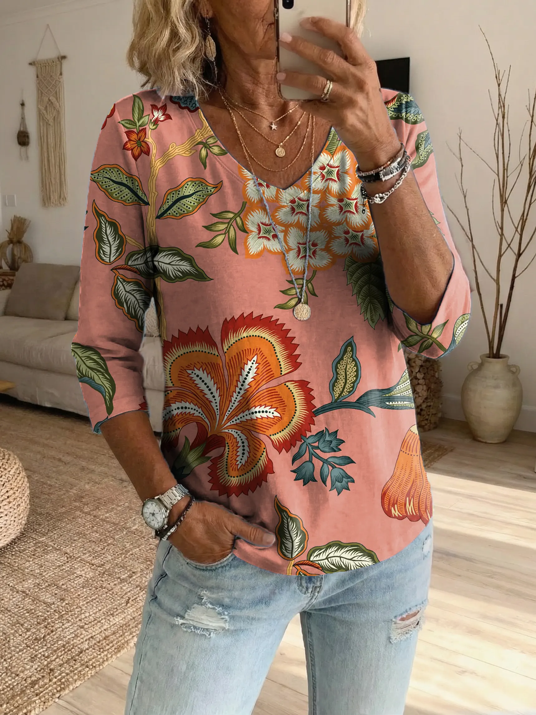 Women's Ethnic Retro Floral Art Print Casual T-Shirt