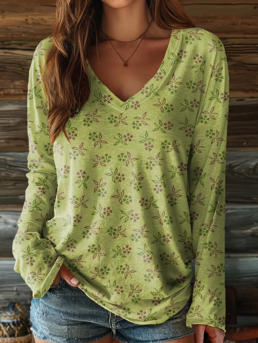 Retro Ethnic Green Flowers Women's Print Casual V-neck Long Sleeve T-shirt