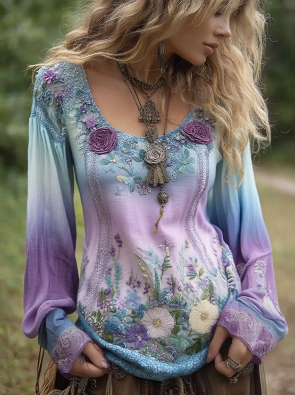 Classy Gradient Purple Lavender And Floral Linen Long Sleeve Shirt