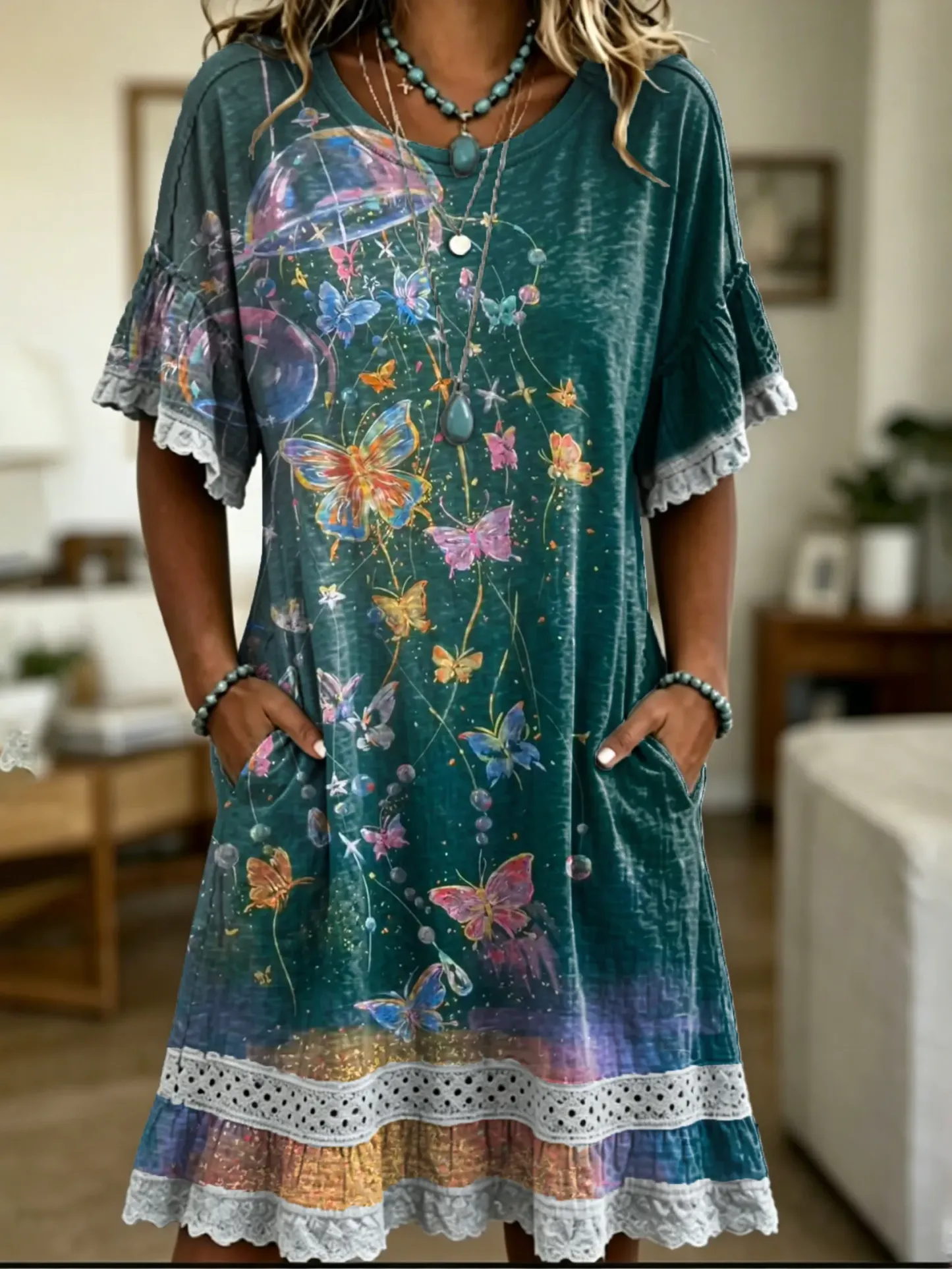 Women's Lace-cutout Dress With Artistic Butterfly Wind Chime Print