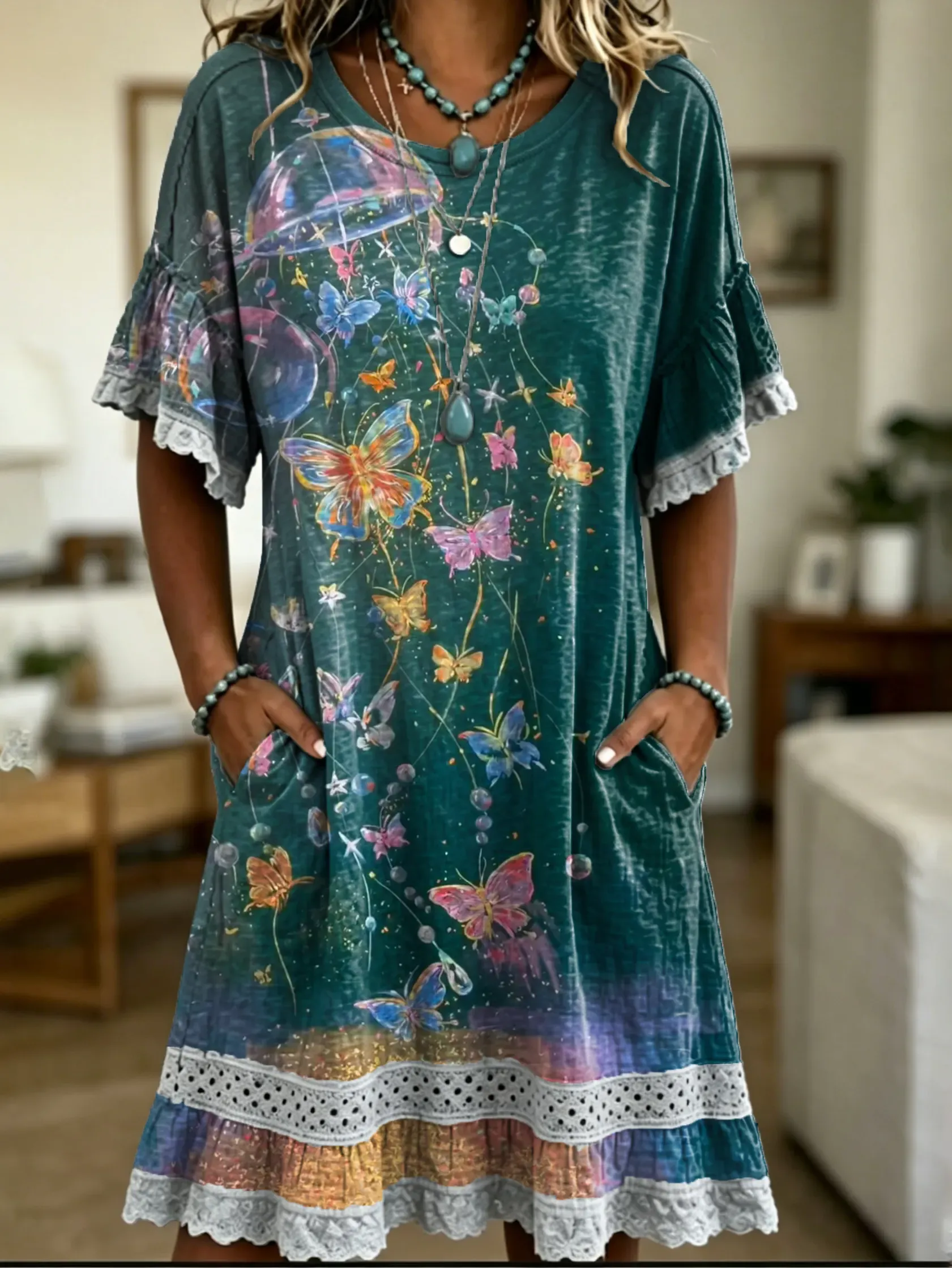 Women's Lace-cutout Dress With Artistic Butterfly Wind Chime Print