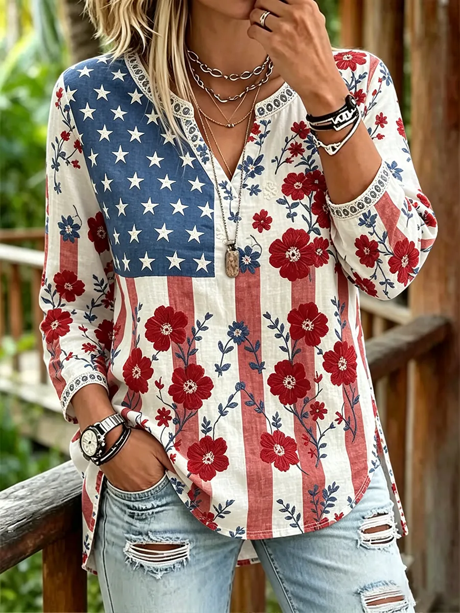 omen's American Flag Floral V-Neck Long Sleeve Top