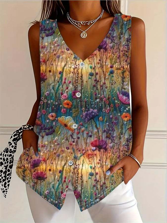 Women's Casual Floral Print Sleeveless Cardigan