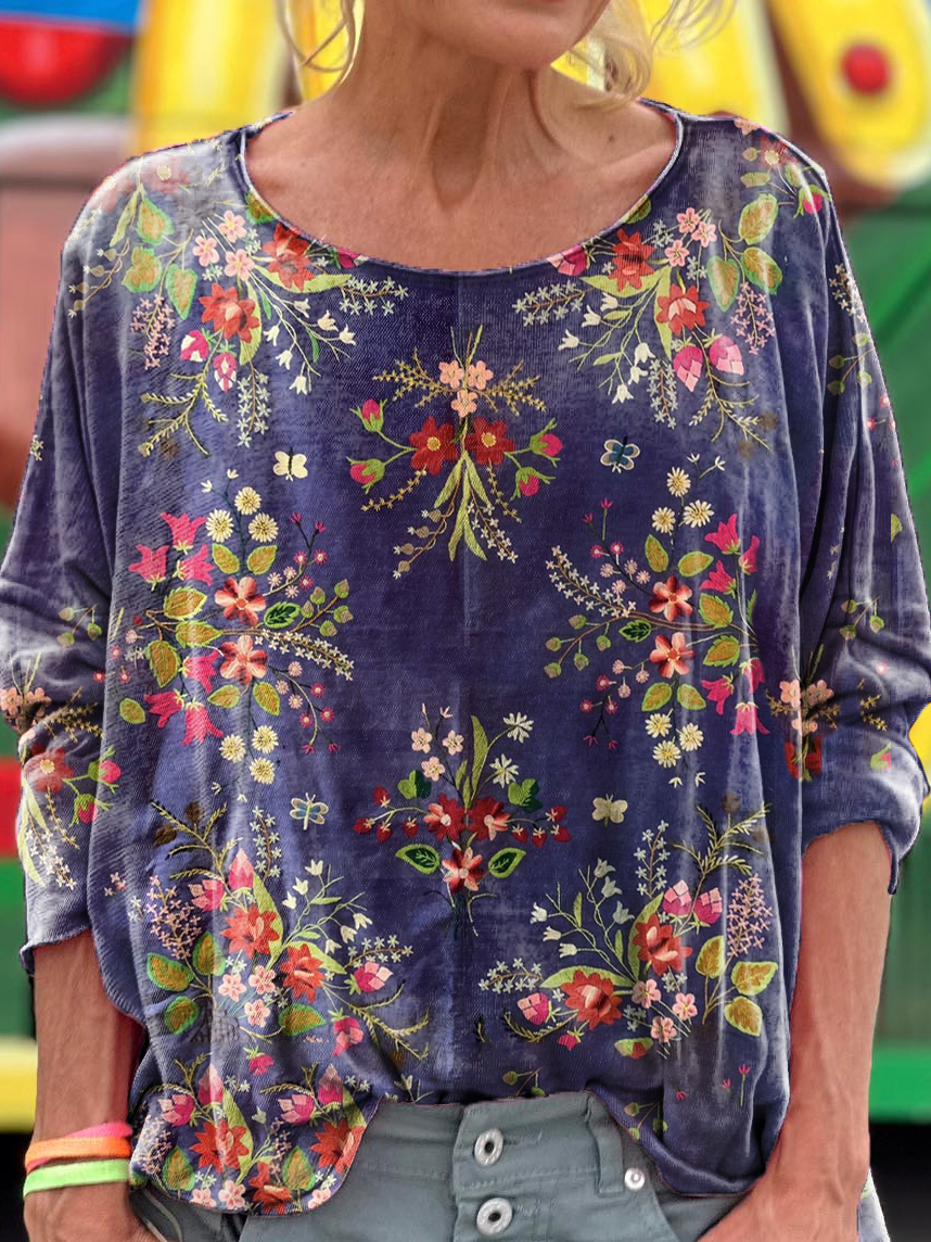 Women's Folk Art Floral Print Casual Long Sleeve T-shirt