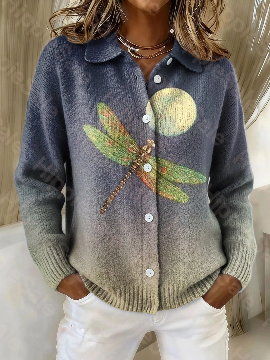 Women's Vintage Dragonfly Moon Art Print Casual Long Sleeve T-shirt
